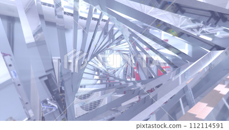 Abstract metallic shiny silver chrome polyhedral tunnel frame made of lines of hexagonal edges, mechanical high-tech tunnel futuristic, abstract background Abstract metallic shiny silver chrome polyhedral tunnel frame made of lines of hexagonal edges, mechanical high-tech tunnel futuristic, abstract background 112114591