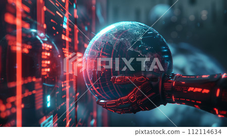 A robotic hand interacts with a holographic display of the Earth, symbolizing cutting-edge global data connectivity and network technology 112114634