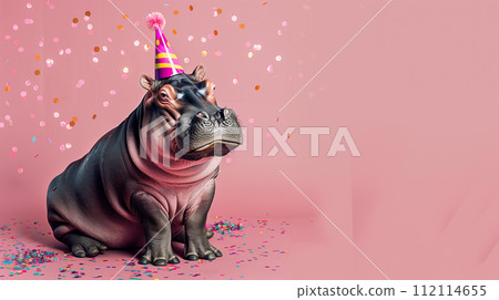 A whimsical portrayal of a hippopotamus celebrating, complete with a colorful party hat and a shower of confetti against a charming pink backdrop 112114655