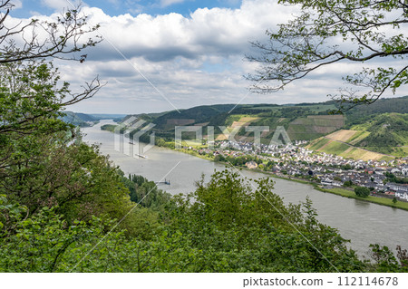 Germany the Rhine river in andernach near koblenz viewpoint over village Leutesdorf and the river valley Germany the Rhine river in andernach near koblenz viewpoint over village Leutesdorf and the river valley 112114678