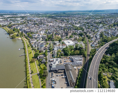 Andernach, Germany - Aerial view of the town of Andernach by the famous Rhine river in summer on a sunny day 112114680