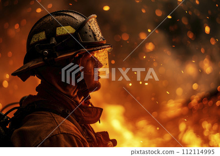 The firefighter is in full gear, with a determined expression seen through the helmet visor. 112114995