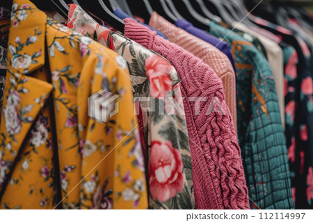 Woman fashion clothes hung on hangers as display in a retail clothes shop. 112114997