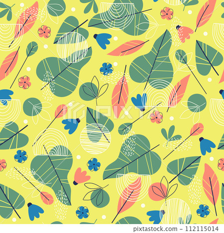 Colorful and bright summer elements seamless pattern. Leaves and flowers on yellow background. Floral spring vector Colorful and bright summer elements seamless pattern. Leaves and flowers on yellow background. Floral spring vector 112115014