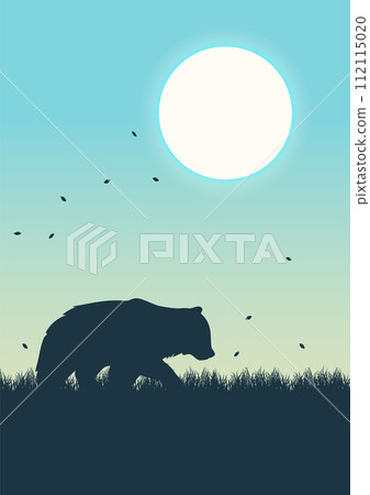 Aesthetic summer field and bear silhouette. Wildlife animals in nature. Grizzly bear 112115020