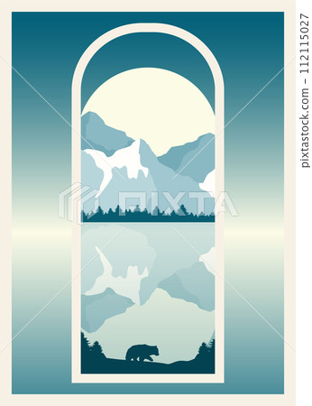 View of frozen mountains lake landscape view. Forest with wildlife animals, bear silhouette View of frozen mountains lake landscape view. Forest with wildlife animals, bear silhouette 112115027