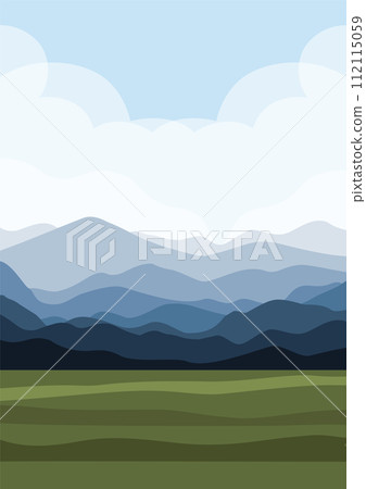 Vector illustration of beautiful summer fields landscape. Blue hills, bright color cloudy blue sky, country background. 112115059