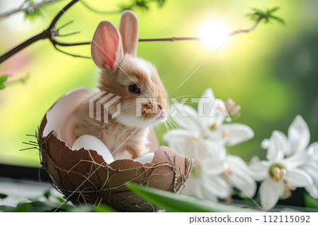 Happy Easter holiday background. Cute miniature  rabbit in egg shell with easter egg elements and spring flowers. 112115092