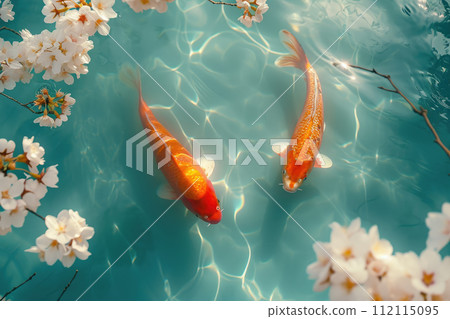 Koi fish swim artificial ponds with a beautiful background of blooming cherry tree 112115095