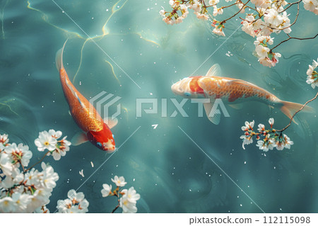 Koi fish swim artificial ponds with a beautiful background of blossoming sakura tree Koi fish swim artificial ponds with a beautiful background of blossoming sakura tree 112115098