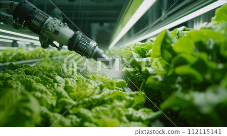 Smart robotic in agriculture futuristic concept.Smart robotic farmer spraying fertilizer on vegetable green plants. Smart robotic in agriculture futuristic concept.Smart robotic farmer spraying fertilizer on vegetable green plants. 112115141