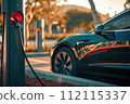 Electric car charge featuring high-speed electric vehicle chargers designed for charging cars in a park. 112115337