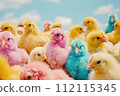 Happy Easter theme. Large group of newly hatched chicks on a chicken farm. 112115345