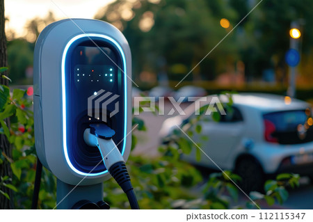 Public charging station for electric cars in a parking lot. 112115347