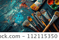 Set of accessories for painting with oil paints and brushes. Fine art tools. 112115350