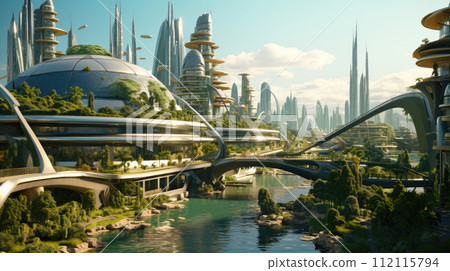 Futuristic city landscape.The concept of the future. Science fiction, other worlds, alien civilization. Futuristic city landscape.The concept of the future. Science fiction, other worlds, alien civilization. 112115794