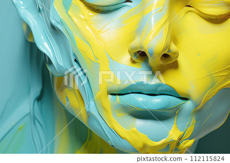 Abstract oil painting on female face, thick oil paint strokes, paint texture applied with a brush. 112115824