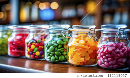 Colorful candies in jars on a wooden table in a candy shop. Colorful candies sweets. 112115937