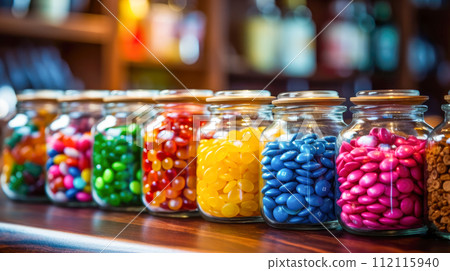 Colorful candies in jars on a wooden table in a candy shop. 112115940