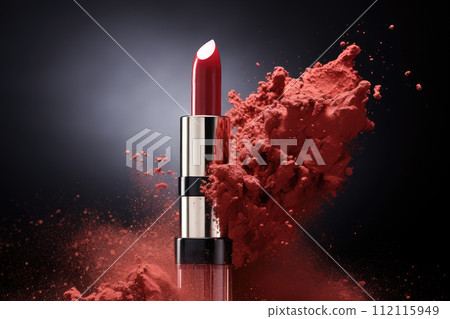 Red lipstick with powerful explosion of red dust on dark background 112115949