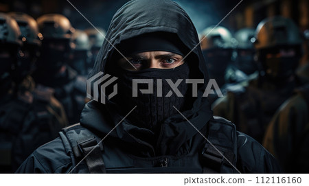 Skilled commandos squad, members hiding faces behind masks, standing in line behind commander. Skilled commandos squad, members hiding faces behind masks, standing in line behind commander. 112116160