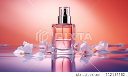 Still life composition with perfume and white flower petals. Still life composition with perfume and white flower petals. 112116362