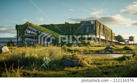 Abandoned manufacturing company overgrown with grass, moss and plants. 112116374