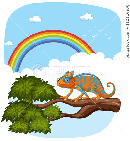 Colorful Chameleon on a Branch with Rainbow Colorful Chameleon on a Branch with Rainbow 112116930
