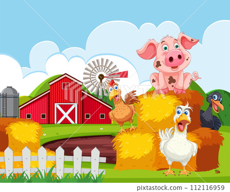 Happy Farm Animals and Rustic Barn Scene 112116959