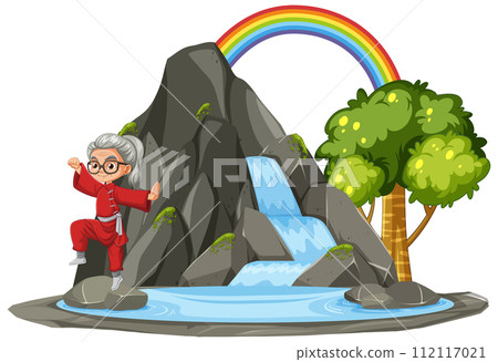 Energetic Grandma Hiking by Waterfall 112117021