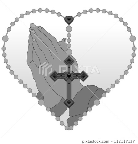 Praying hands with heart shaped rosary 112117137