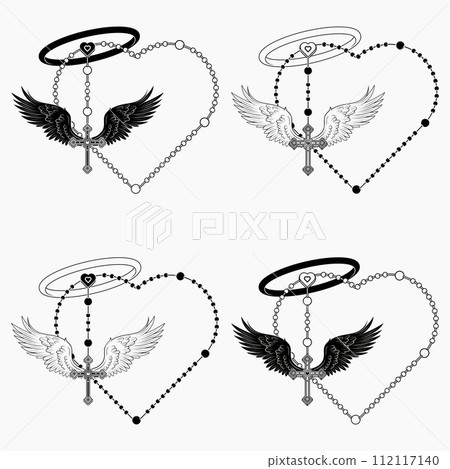 Winged Christian cross with heart-shaped rosary 112117140
