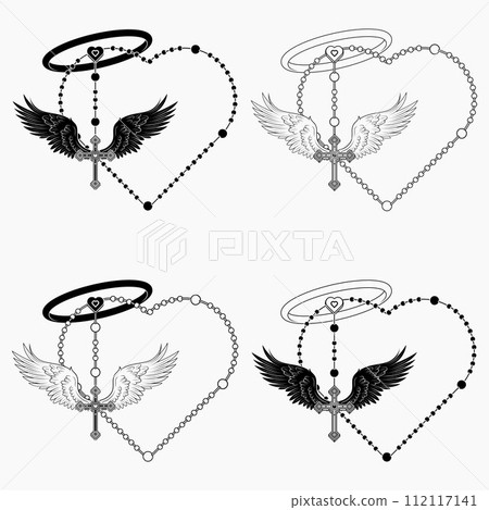 Winged Christian cross with heart-shaped rosary 112117141