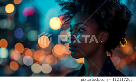 AI-generated content. Close up of a young successful African American business woman looking at the night city with professional cinematic light 112117263