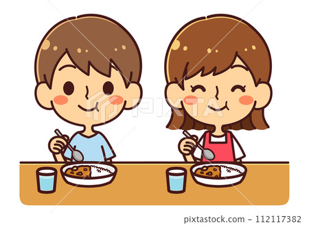 Children eating curry with smiles Illustration material 112117382