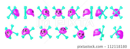 3d purple skull with green crossbones rotation render. Warning danger sign, pirate symbol animation with sequence rotating element set. Cartoon isolated game ui or halloween icons. 3D illustration 112118180