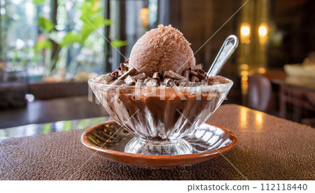 在高級咖啡館內拍攝的巧克力口味冰淇淋 在高級咖啡館內拍攝的巧克力口味冰淇淋 112118440