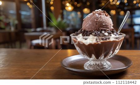 在高級咖啡館內拍攝的巧克力口味冰淇淋 112118442