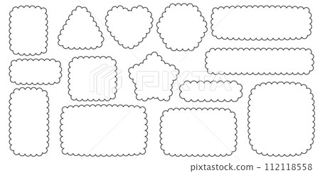 Scallop edge border and frame. Square circle and rectangle shape. Vector lace frill. Simple cute label. Outline decorative collection Scallop edge border and frame. Square circle and rectangle shape. Vector lace frill. Simple cute label. Outline decorative collection 112118558
