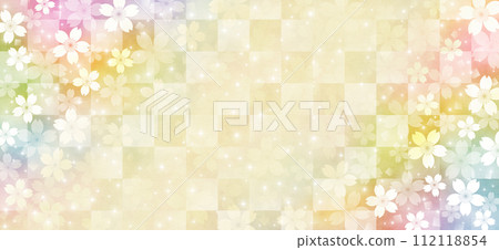 Checkered background with sparkling cherry blossom flowers in Japanese style, colorful 112118854