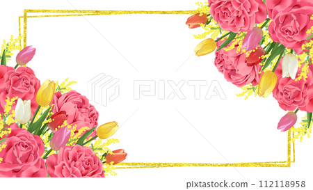 Bouquet of roses, tulips, and mimosa gold foil frame background 16:9 112118958