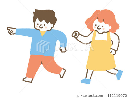 Girl chasing a boy pointing and running_color Girl chasing a boy pointing and running_color 112119070