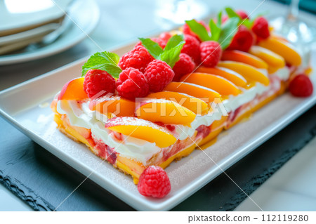 Vanilla peach dessert or melba ice cream with peach fruits. Colorful assortment of fruit salad topped with whipped cream Vanilla peach dessert or melba ice cream with peach fruits. Colorful assortment of fruit salad topped with whipped cream 112119280