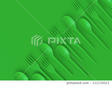 Set of disposable utensils like plate, folk, spoon,knife, cup and pepper mill 112119321