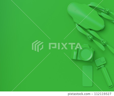 Top view of designer workspace and photography gear on monochrome table 112119327