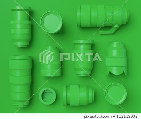 Top view of designer workspace and photography gear on monochrome table 112119332