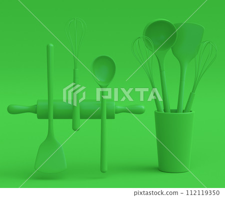 Wooden kitchen utensils, tools and equipment on green monochrome background. 112119350
