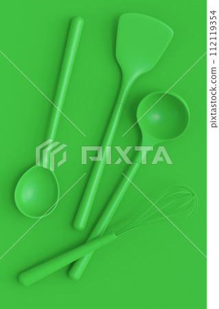 Wooden kitchen utensils, tools and equipment on green monochrome background. 112119354
