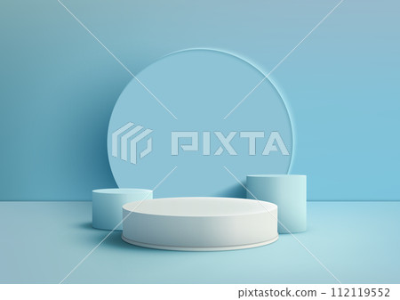 3D white podium mockup. A blue circles backdrop and geometric  elements design on blue background 112119552