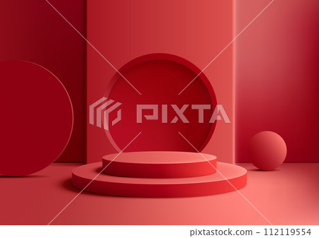 3D red circular podium with circle backdrop decoration a ball on red background 112119554